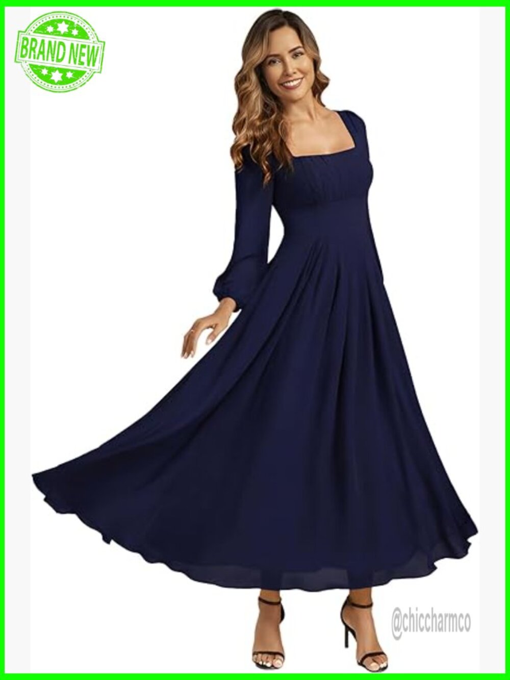 Long Sleeve Maxi Formal Dress Square Neck Chiffon Wedding Guest
